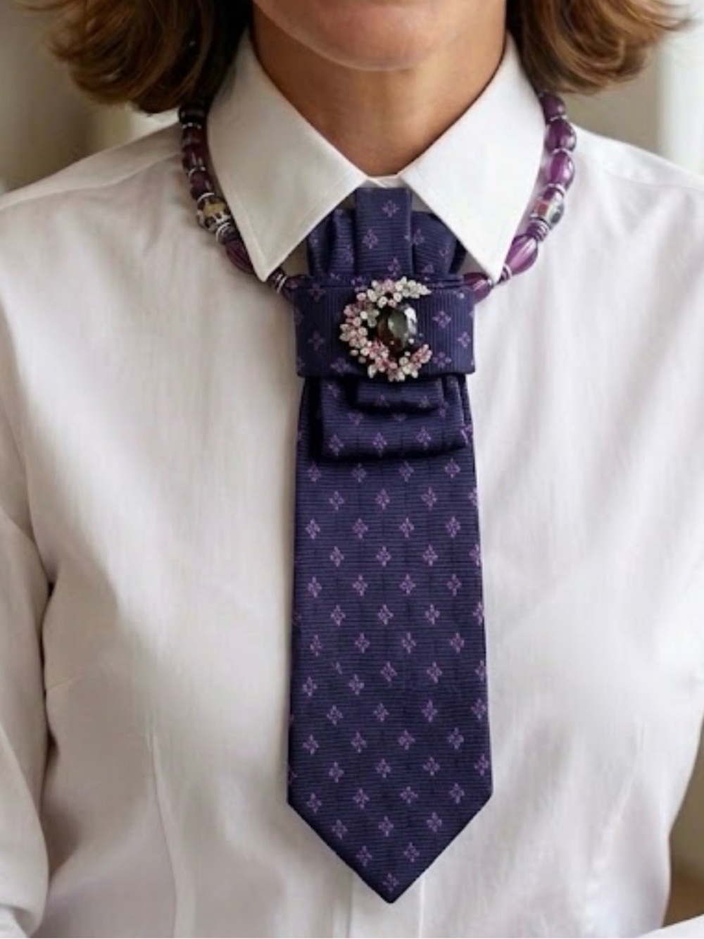 Upcycled Vintage Burberry Silk Tie Statement Necklace / Brooch Collar